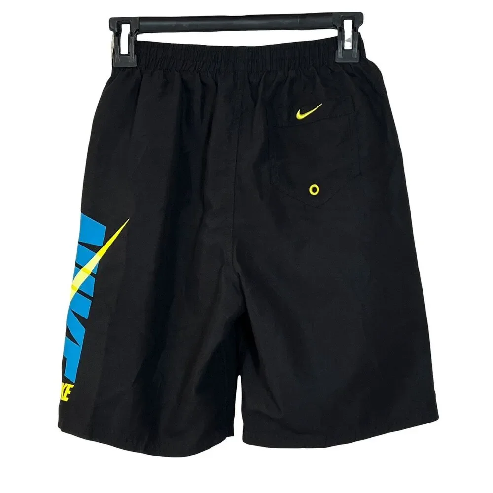 Nike Boys XL Black Swim Trunks Blue Yellow Graphic Logo Mesh Lined Summer